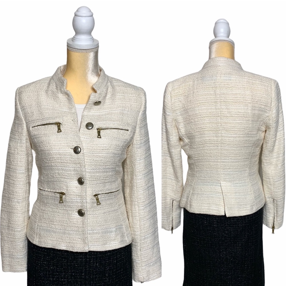 Zara Tweed Boucle Blazer Jacket Crest Buttons